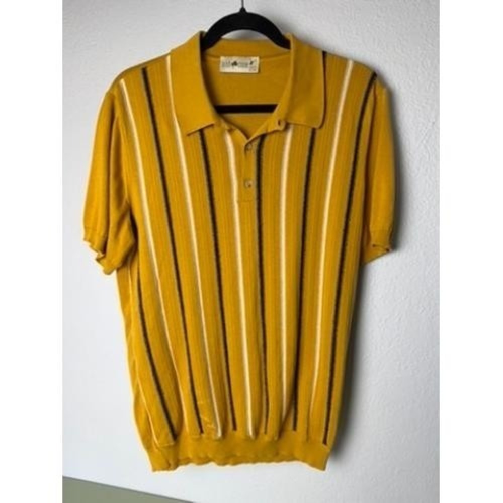 Vintage Irish Crone Polo Shirt Mens M Mustard Yellow Striped‎ Knit Indie Sleaze